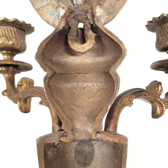 Wall Sconce Pair French Brass Flame and Bow Candle Neo Classical Early Century - Picture 10 of 10